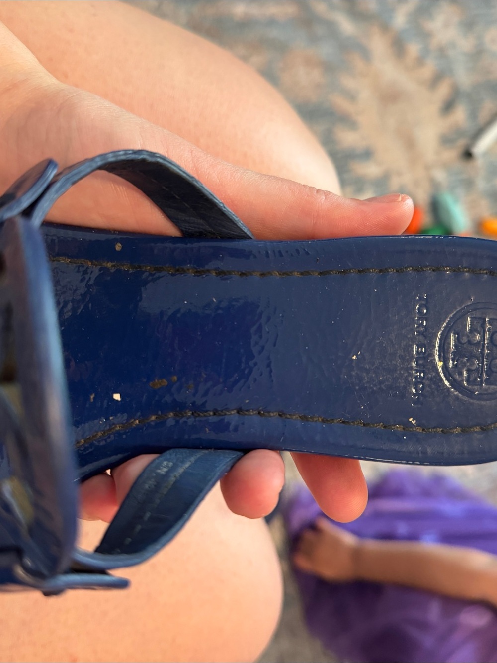 Tory Burch Navy Blue Patent Leather Logo Miller Sandals - Picture 3 of 6